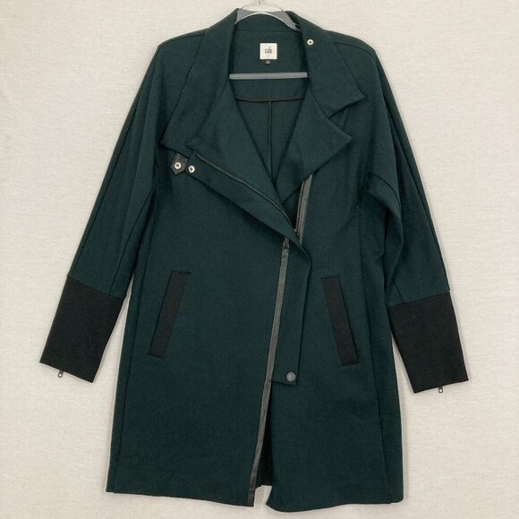 Cabi Renaissance Coat Gorgeous Dark Green with Leather Trim Large Preppy - Picture 1 of 12